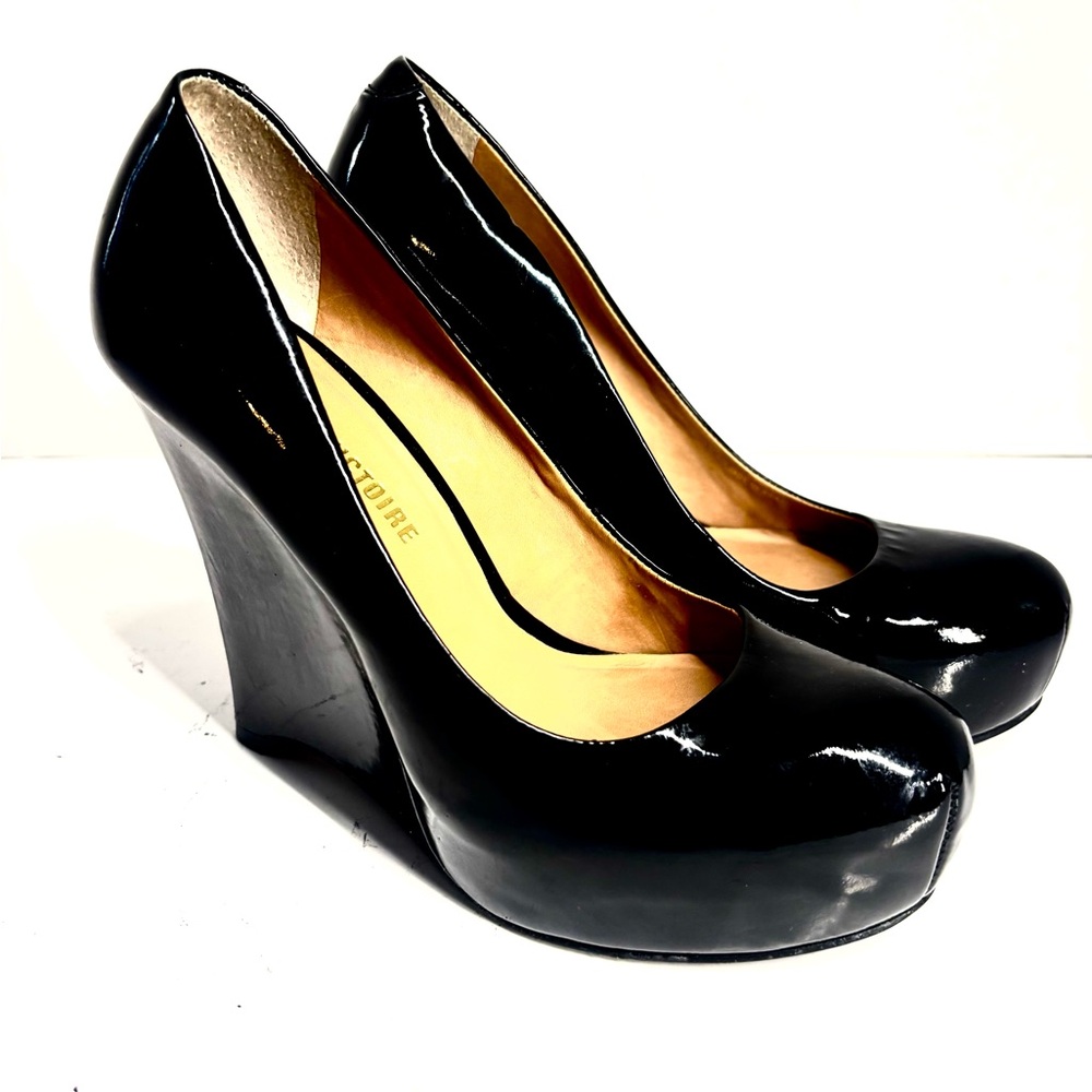 pour la victoire sleek platform shoes black patent wedge heels 7 whimsygoth punk - Picture 1 of 11